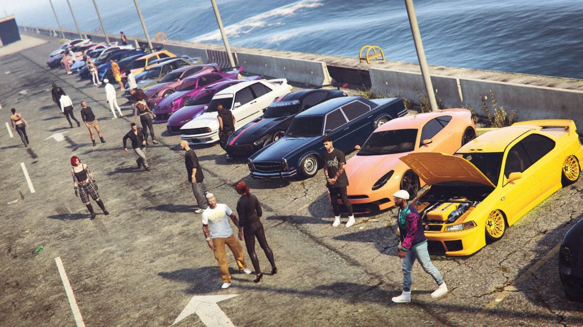 A car meet on a roleplay server: two dozen
        customised vehicles lined up along a clifftop road.
