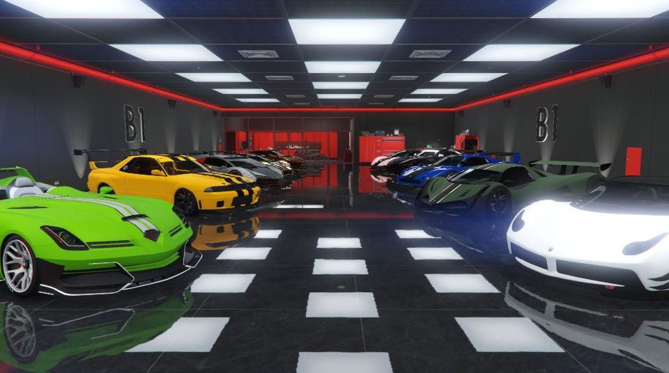 A private garage holding ten supercars.